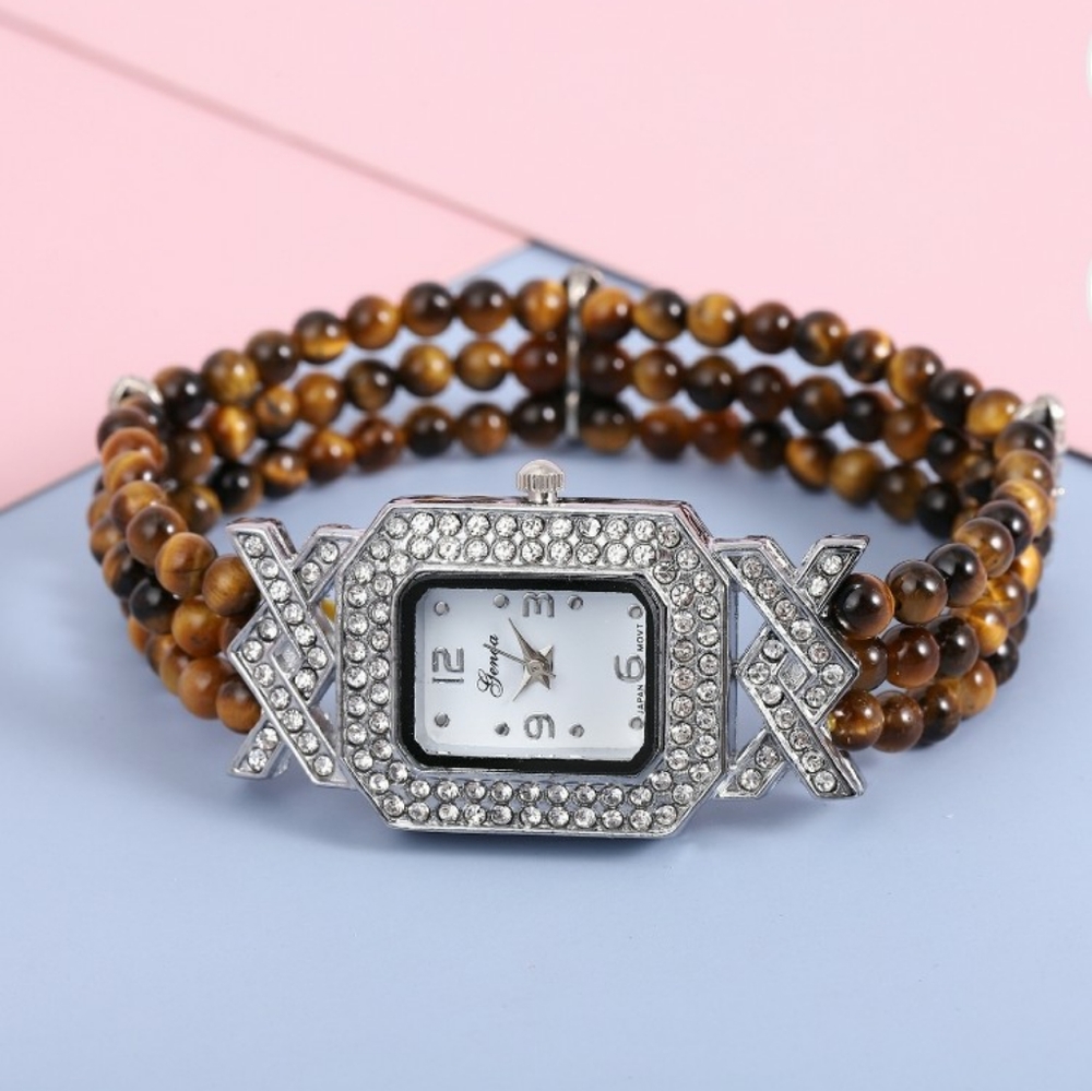 NWT Genoa So African Yellow Tiger's Eye Triple Row Beaded Stretch Watch